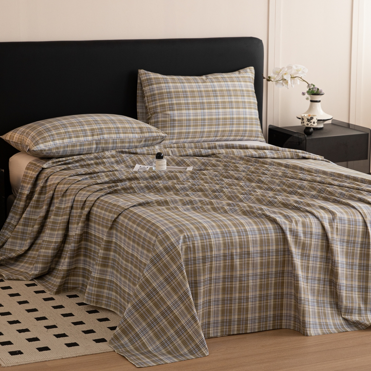 91家纺网 家纺一手货源 找家纺 女子家纺 2026新款40支13070全棉纯棉简约格子A版单床单床单单件 抹茶格