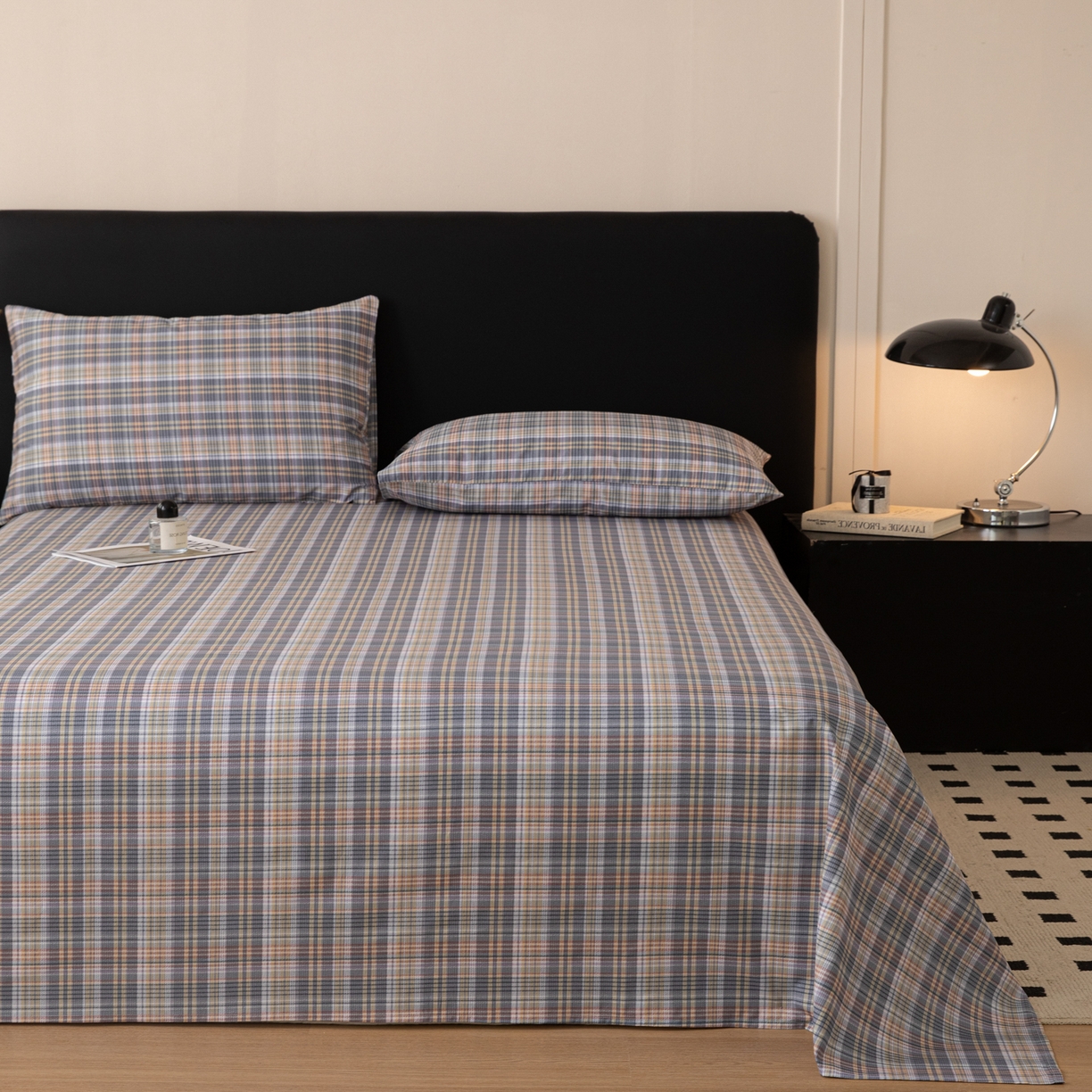 女子家纺 2026新款40支13070全棉纯棉简约格子A版单床单床单单件 雾蓝格