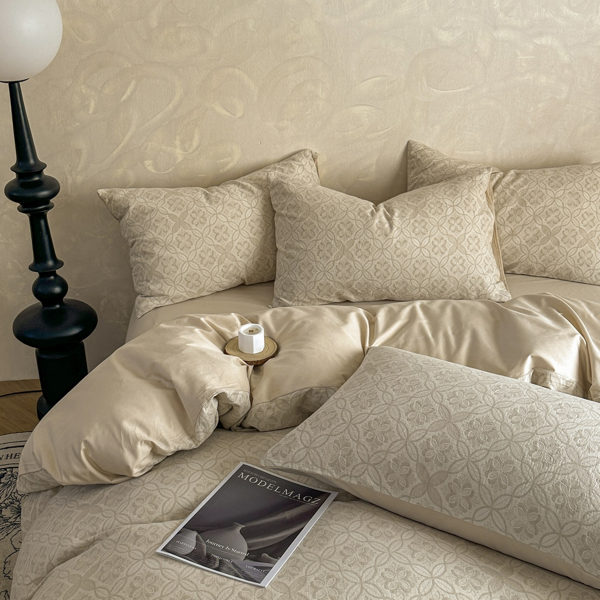 91家纺网 家纺一手货源 找家纺 田野 2026新款全棉水洗提花三层纱四件套 瑞恩 米驼