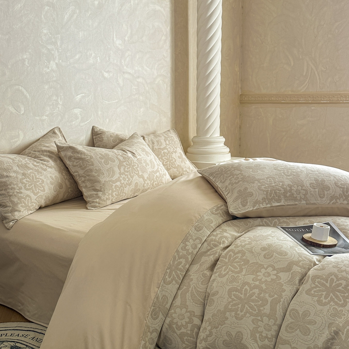 91家纺网 家纺一手货源 找家纺 田野 2026新款全棉水洗提花三层纱四件套 花语 米驼