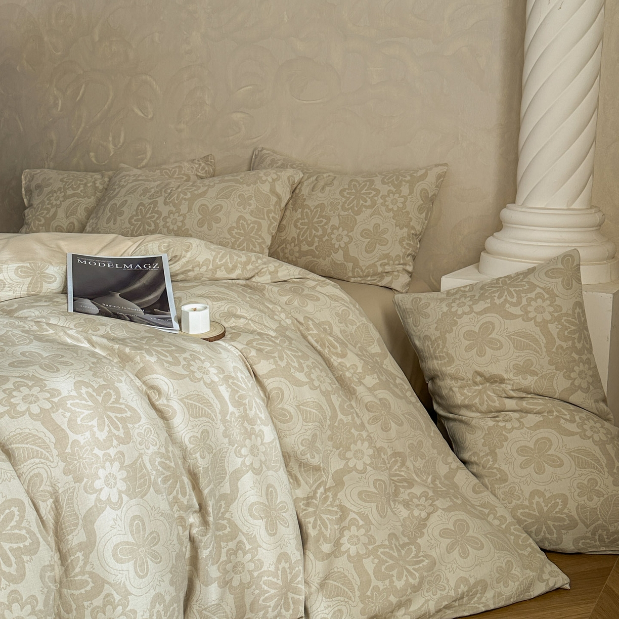 91家纺网 家纺一手货源 找家纺 田野 2026新款全棉水洗提花三层纱四件套 花语 米驼