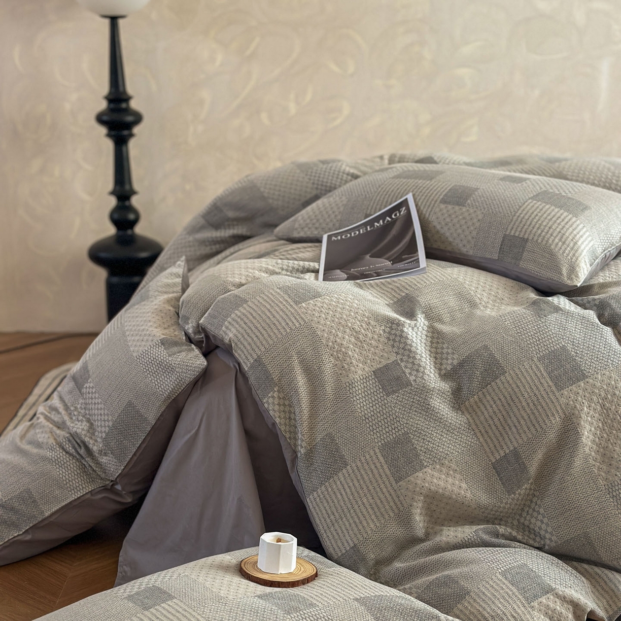 91家纺网 家纺一手货源 找家纺 田野 2026新款全棉水洗提花三层纱四件套 半糖主义 米灰