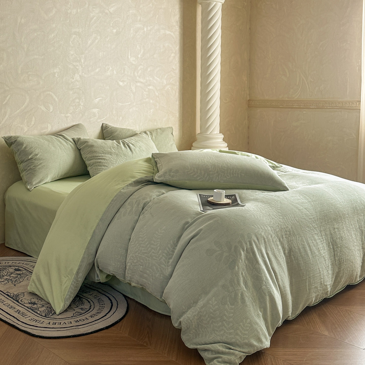 91家纺网 家纺一手货源 找家纺 田野 2026新款全棉水洗提花三层纱四件套 卡维  淡绿