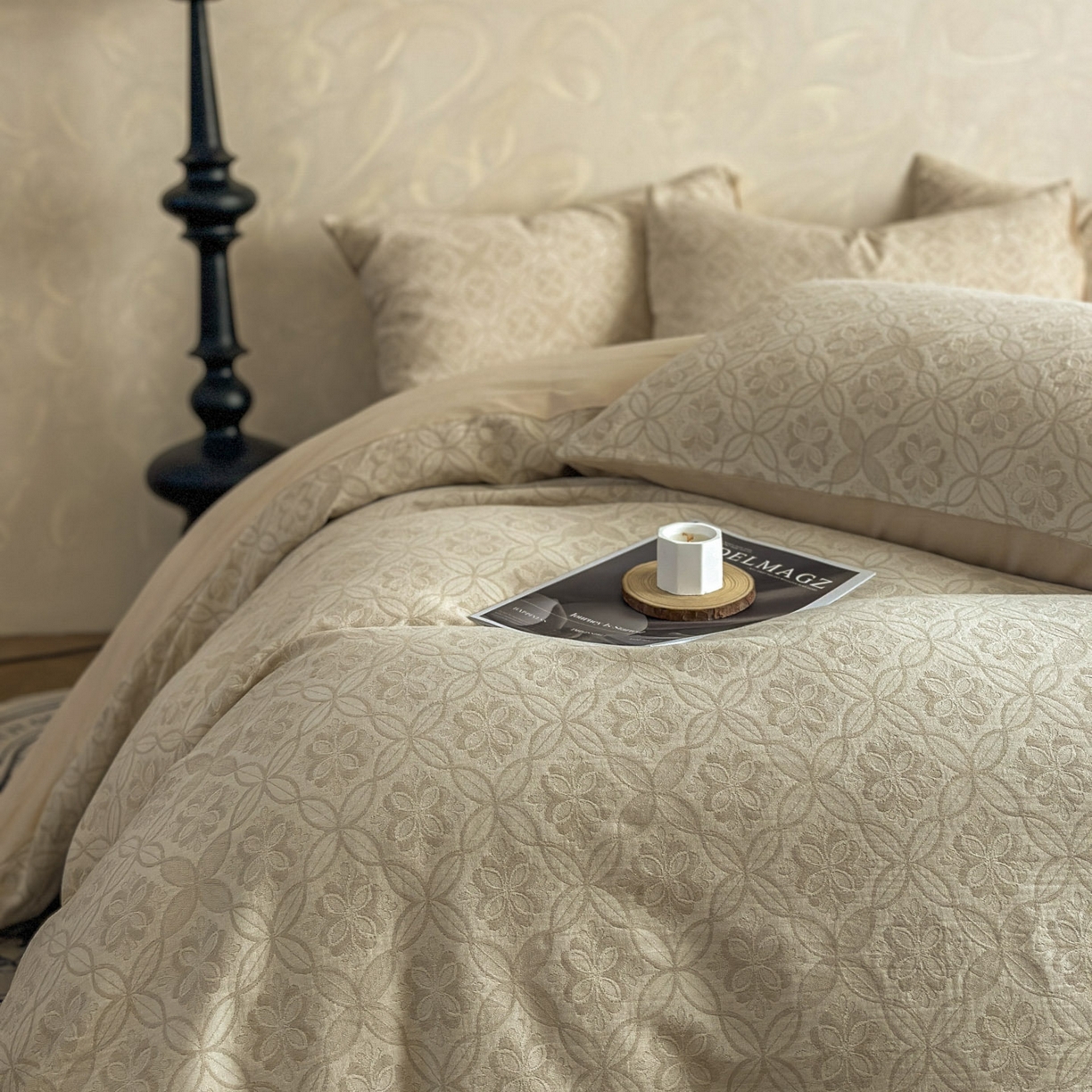 91家纺网 家纺一手货源 找家纺 田野 2026新款全棉水洗提花三层纱四件套 瑞恩 米驼