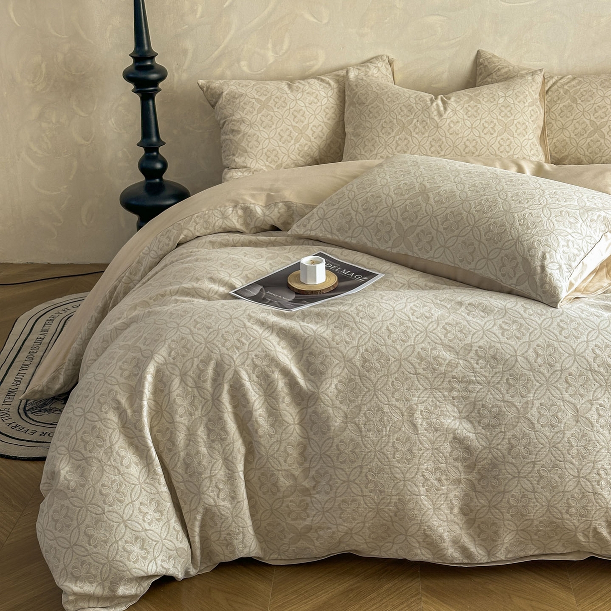 91家纺网 家纺一手货源 找家纺 田野 2026新款全棉水洗提花三层纱四件套 瑞恩 米驼