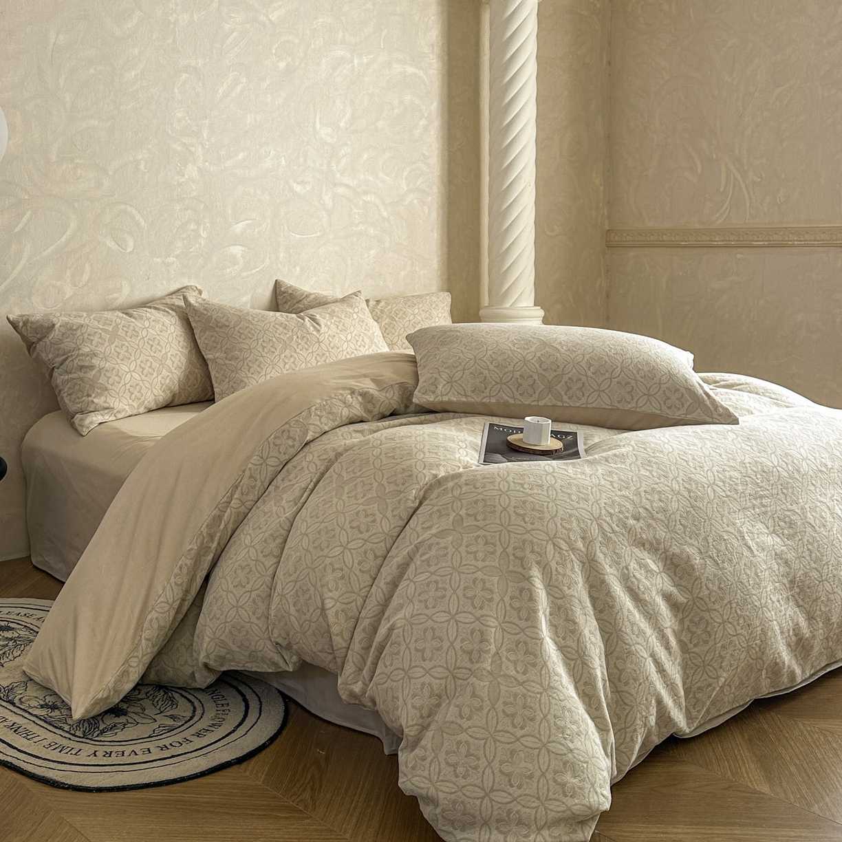 91家纺网 家纺一手货源 找家纺 田野 2026新款全棉水洗提花三层纱四件套 瑞恩 米驼