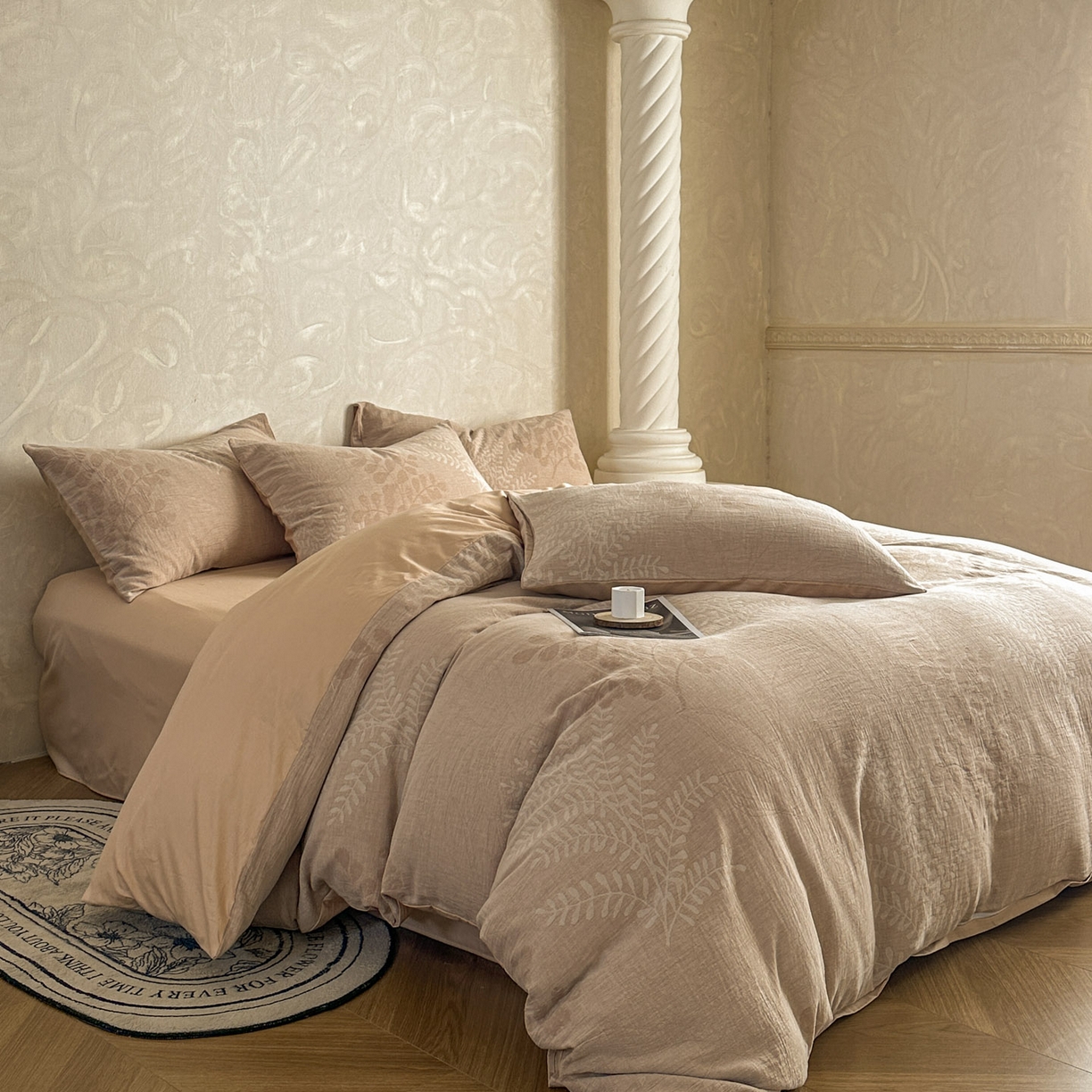 91家纺网 家纺一手货源 找家纺 田野 2026新款全棉水洗提花三层纱四件套 卡维  粉驼