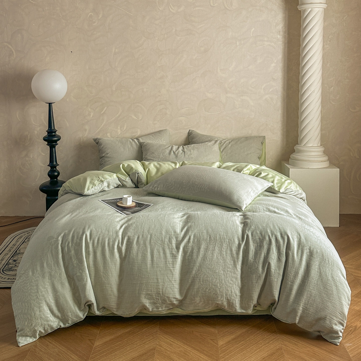 田野 2026新款全棉水洗提花三层纱四件套 卡维  淡绿