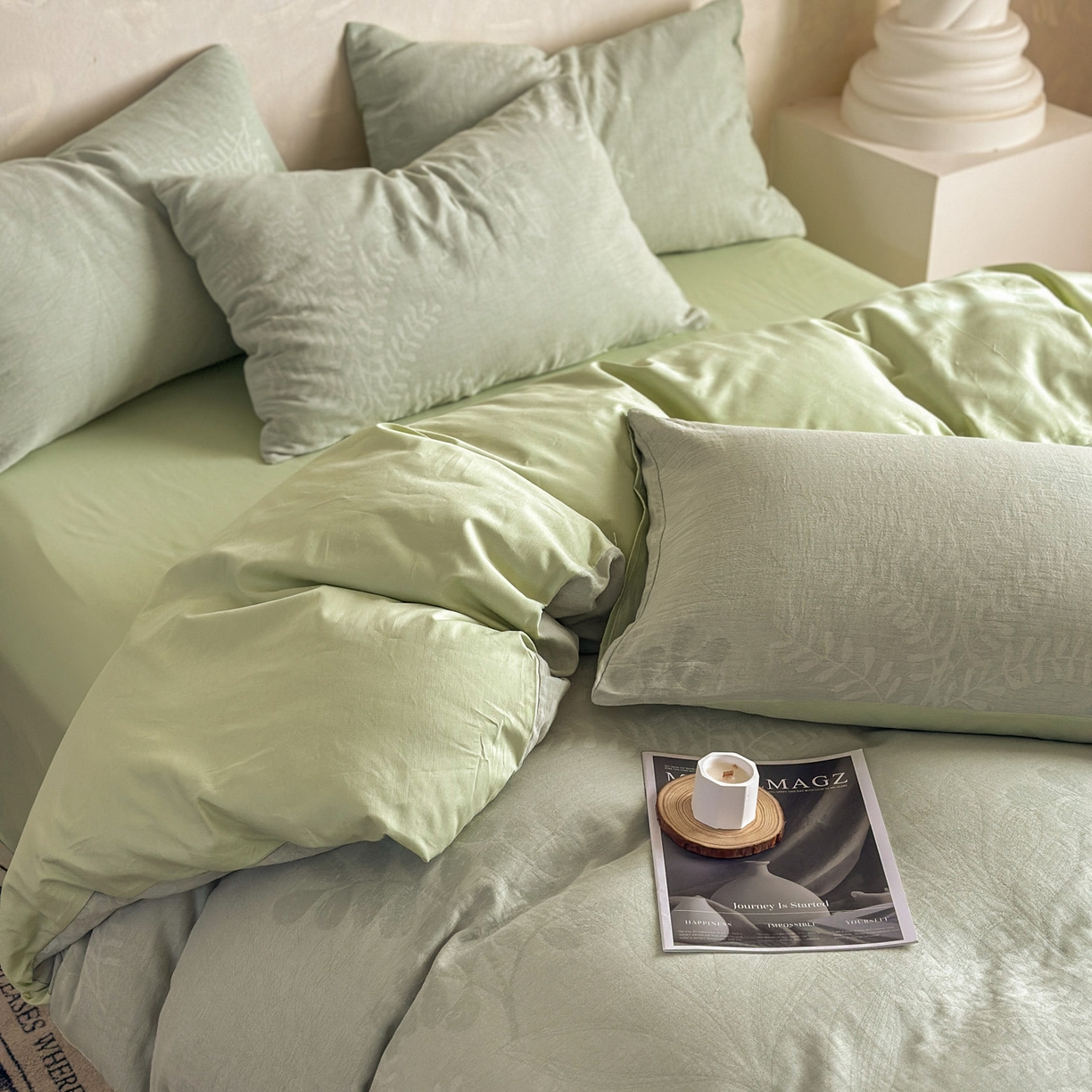 91家纺网 家纺一手货源 找家纺 田野 2026新款全棉水洗提花三层纱四件套 卡维  淡绿