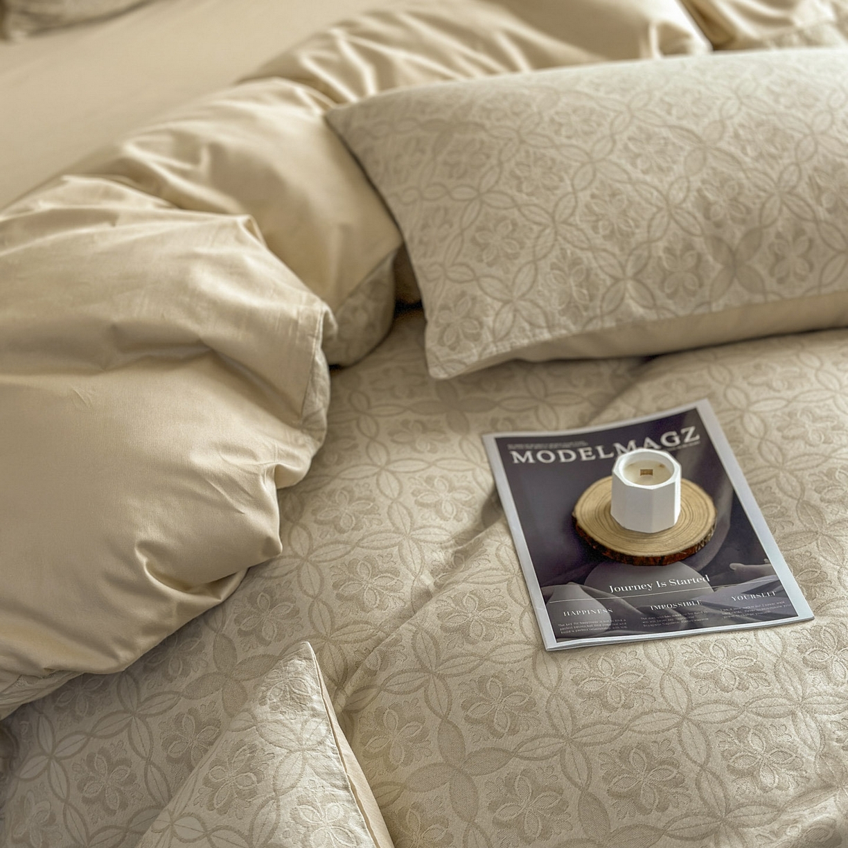 91家纺网 家纺一手货源 找家纺 田野 2026新款全棉水洗提花三层纱四件套 瑞恩 米驼