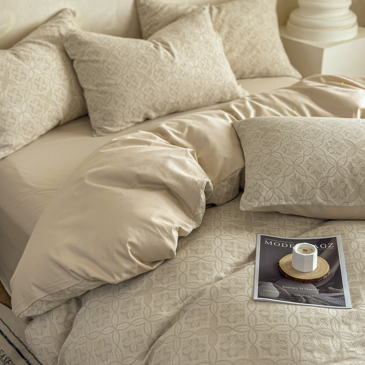 91家纺网 家纺一手货源 找家纺 田野 2026新款全棉水洗提花三层纱四件套 瑞恩 米驼