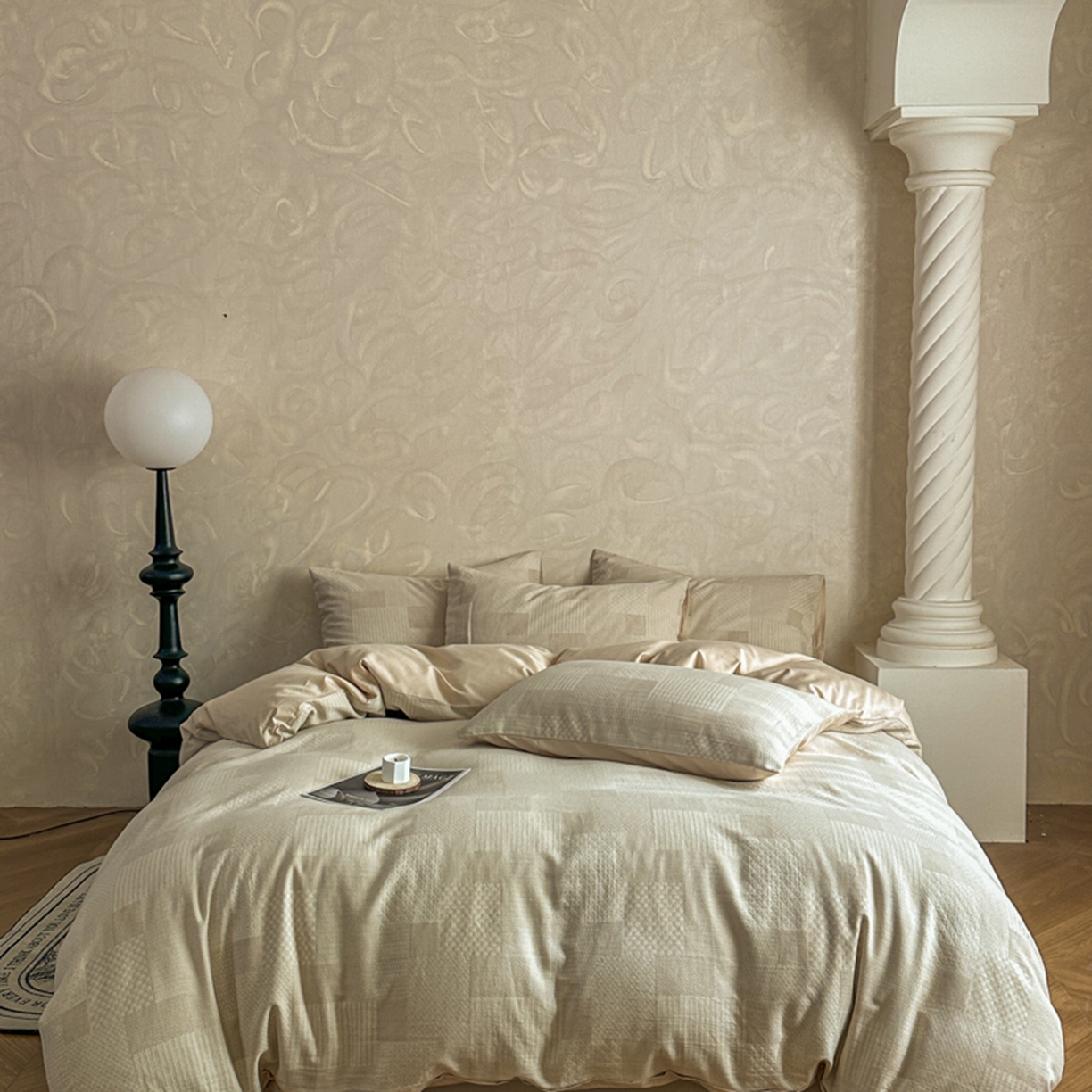 田野 2026新款全棉水洗提花三层纱四件套 半糖主义 米驼