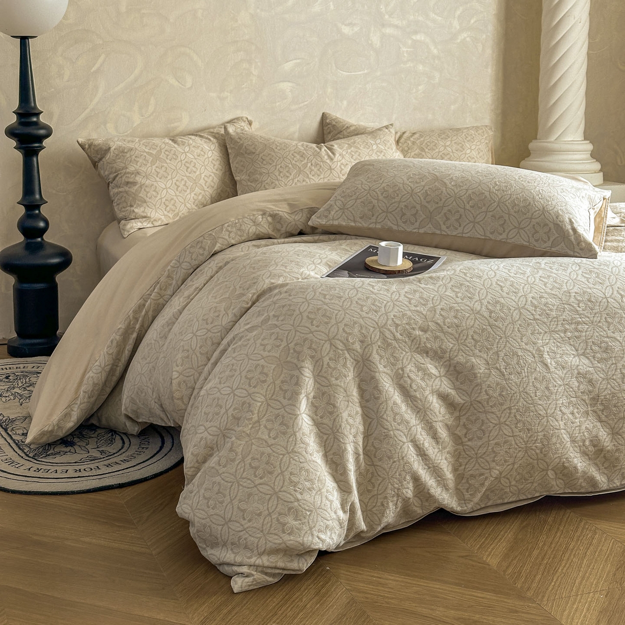 91家纺网 家纺一手货源 找家纺 田野 2026新款全棉水洗提花三层纱四件套 瑞恩 米驼