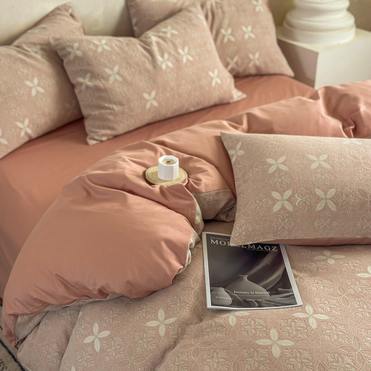 91家纺网 家纺一手货源 找家纺 田野 2026新款全棉水洗提花三层纱四件套 瑞恩 豆沙粉