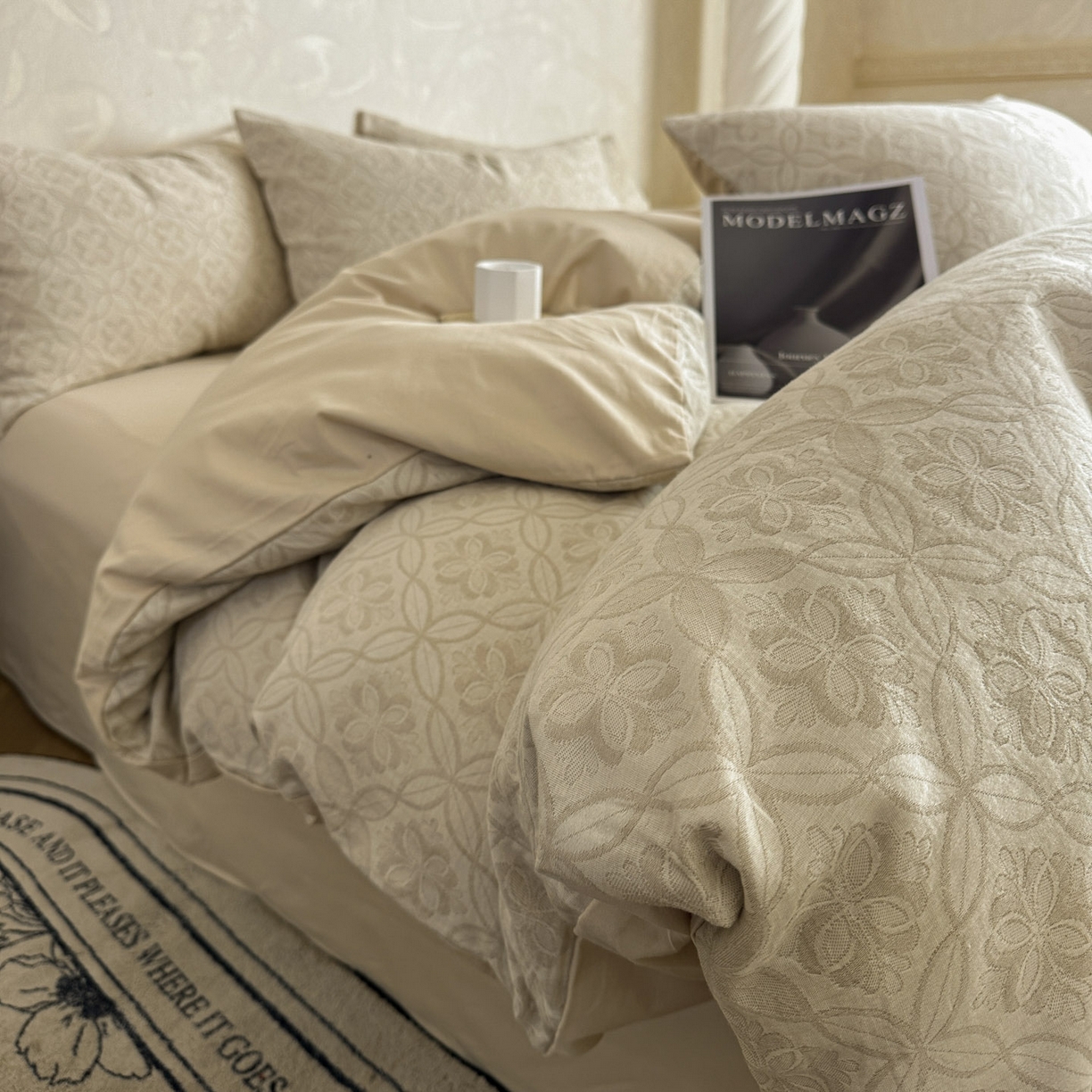 91家纺网 家纺一手货源 找家纺 田野 2026新款全棉水洗提花三层纱四件套 瑞恩 米驼