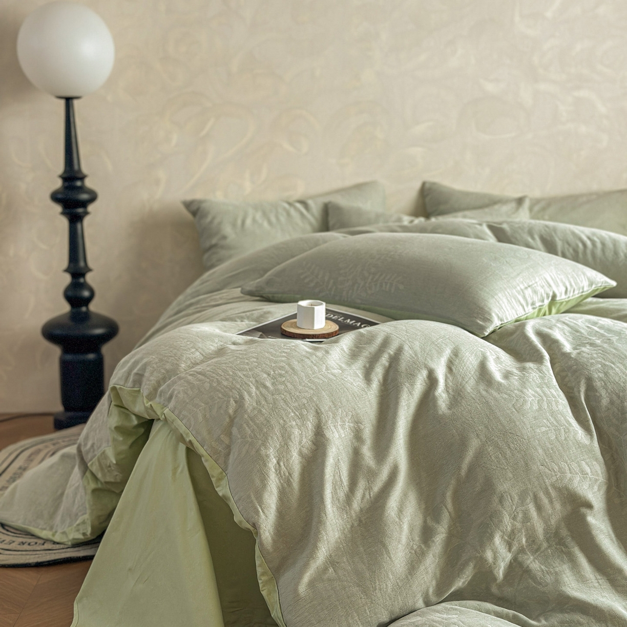 91家纺网 家纺一手货源 找家纺 田野 2026新款全棉水洗提花三层纱四件套 卡维  淡绿