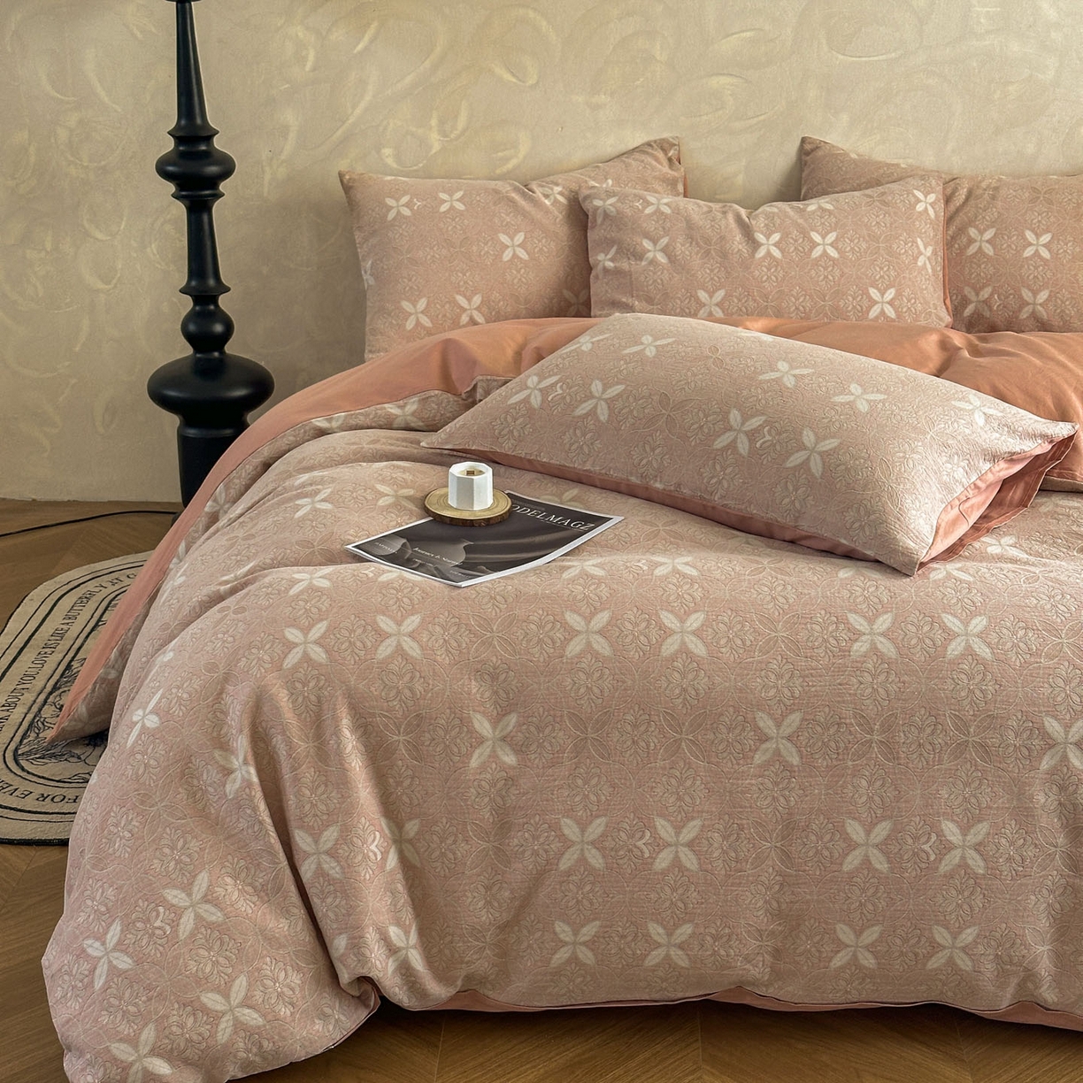 91家纺网 家纺一手货源 找家纺 田野 2026新款全棉水洗提花三层纱四件套 瑞恩 豆沙粉