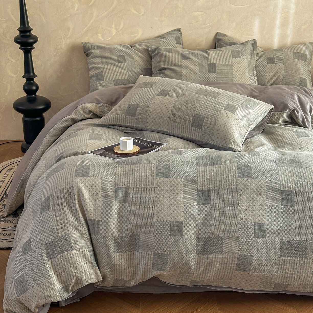 91家纺网 家纺一手货源 找家纺 田野 2026新款全棉水洗提花三层纱四件套 半糖主义 米灰