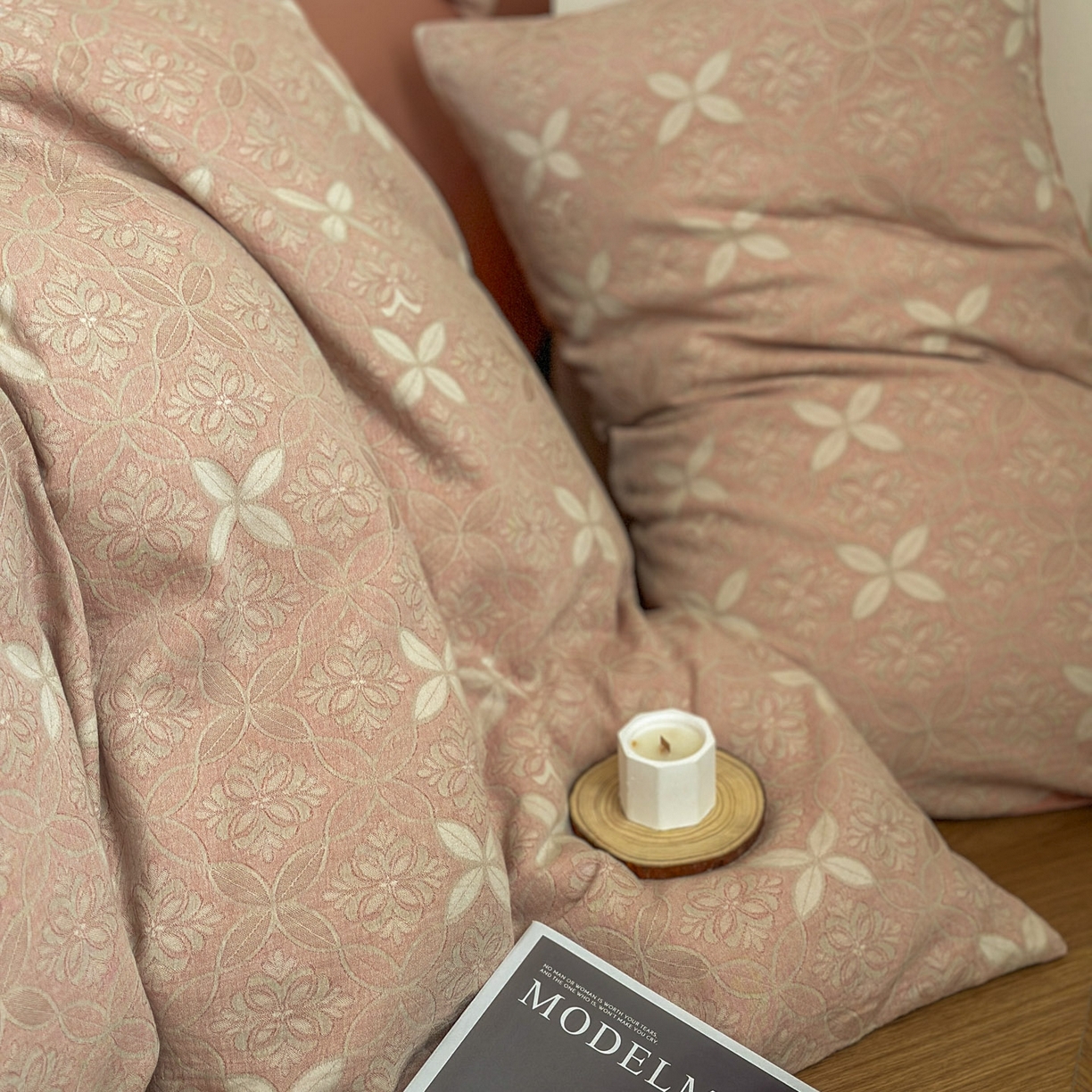 91家纺网 家纺一手货源 找家纺 田野 2026新款全棉水洗提花三层纱四件套 瑞恩 豆沙粉