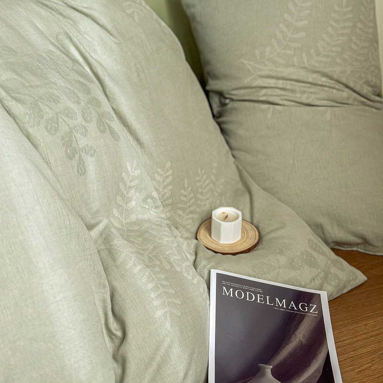 91家纺网 家纺一手货源 找家纺 田野 2026新款全棉水洗提花三层纱四件套 卡维  淡绿