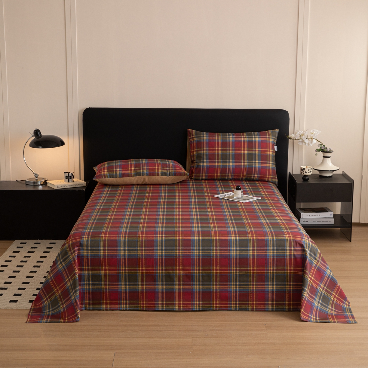 91家纺网 家纺一手货源 找家纺 女子家纺 2026新款40支13070全棉纯棉简约格子A版单床单床单单件 英伦-炽焰红