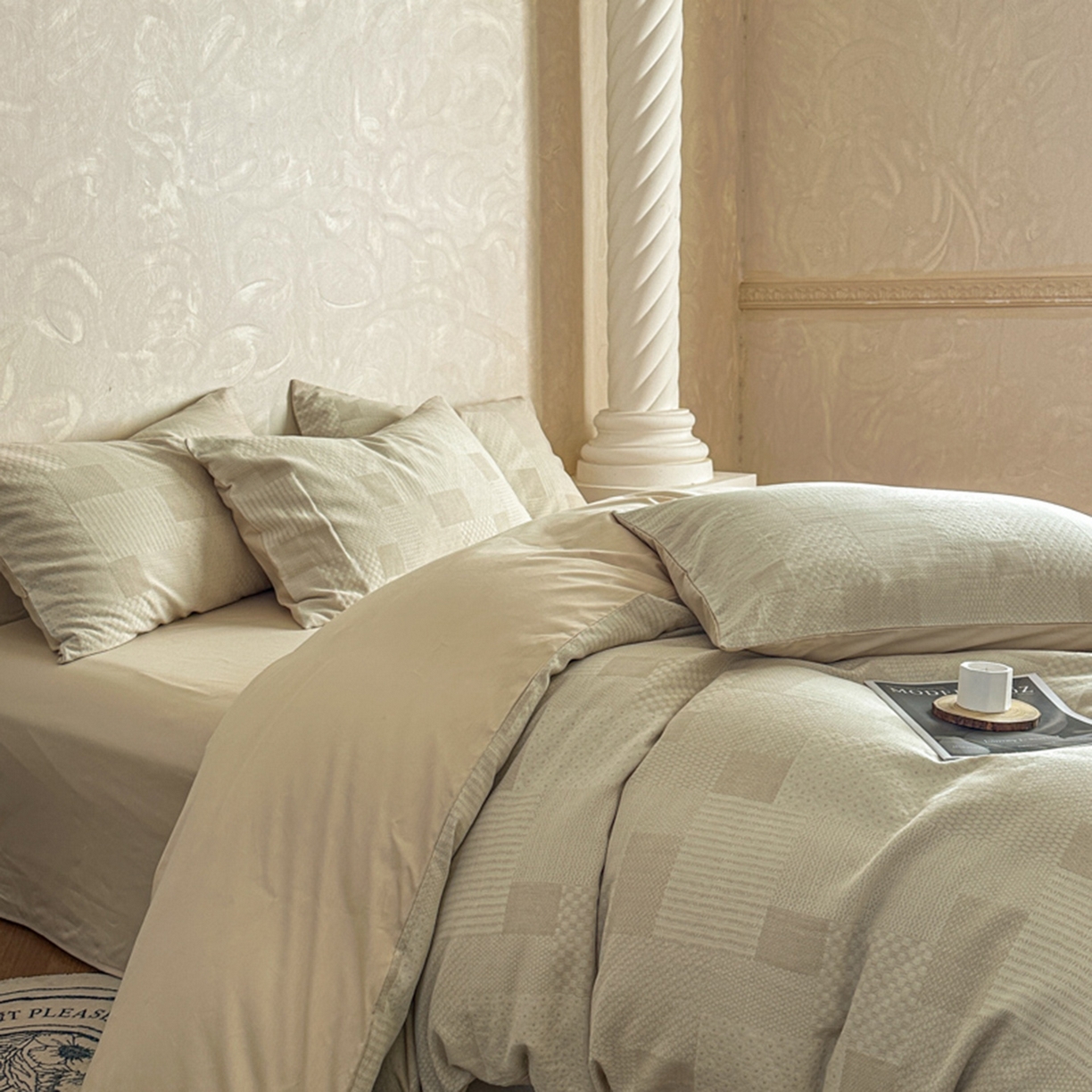 91家纺网 家纺一手货源 找家纺 田野 2026新款全棉水洗提花三层纱四件套 半糖主义 米驼