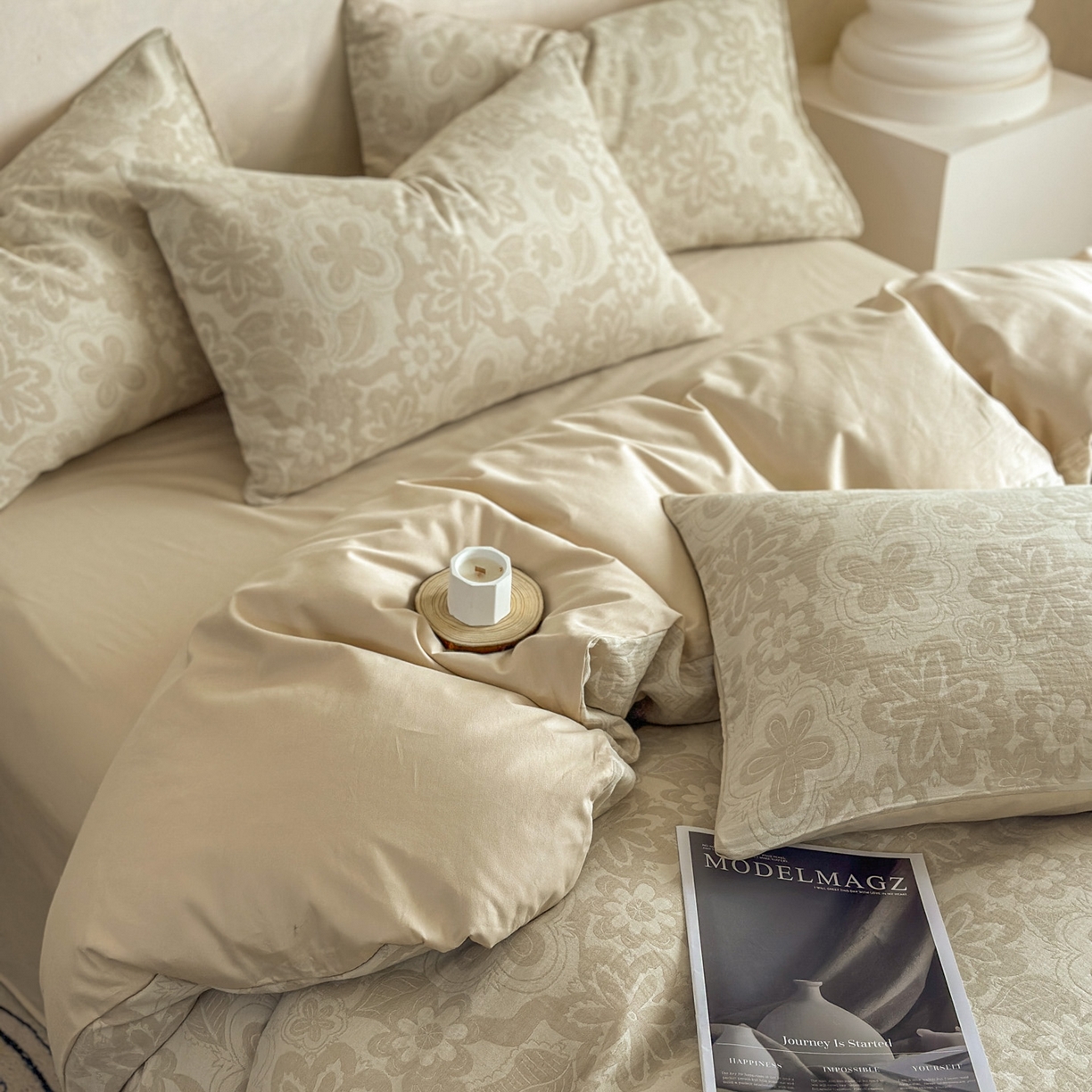 91家纺网 家纺一手货源 找家纺 田野 2026新款全棉水洗提花三层纱四件套 花语 米驼