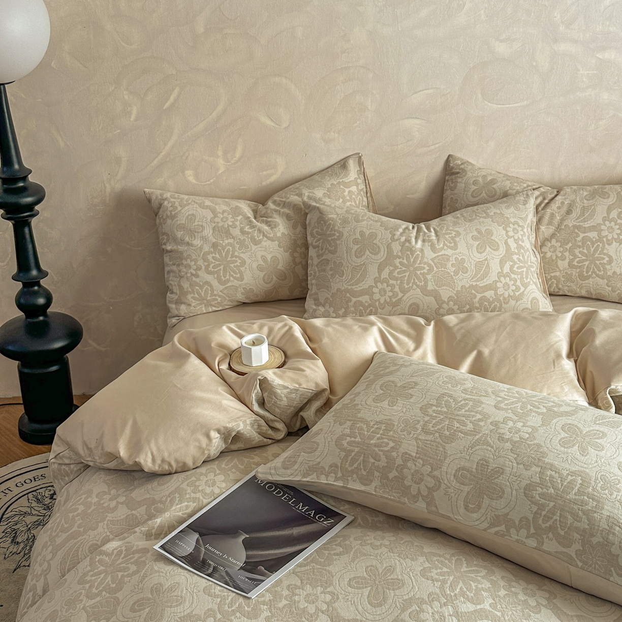 91家纺网 家纺一手货源 找家纺 田野 2026新款全棉水洗提花三层纱四件套 花语 米驼