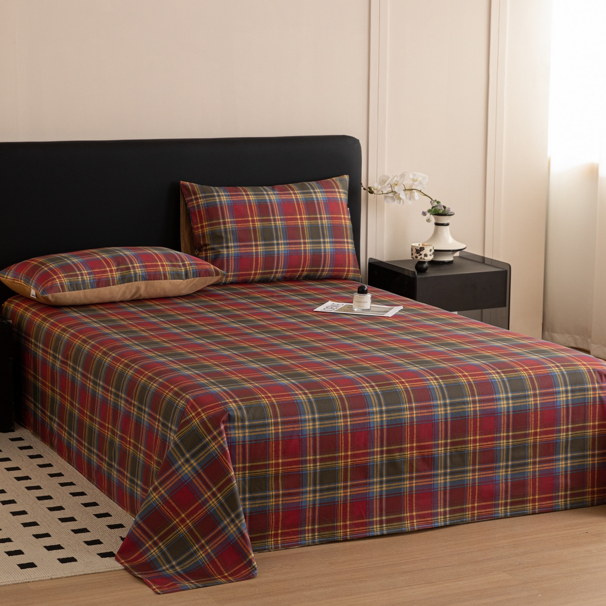 91家纺网 家纺一手货源 找家纺 女子家纺 2026新款40支13070全棉纯棉简约格子A版单床单床单单件 英伦-炽焰红