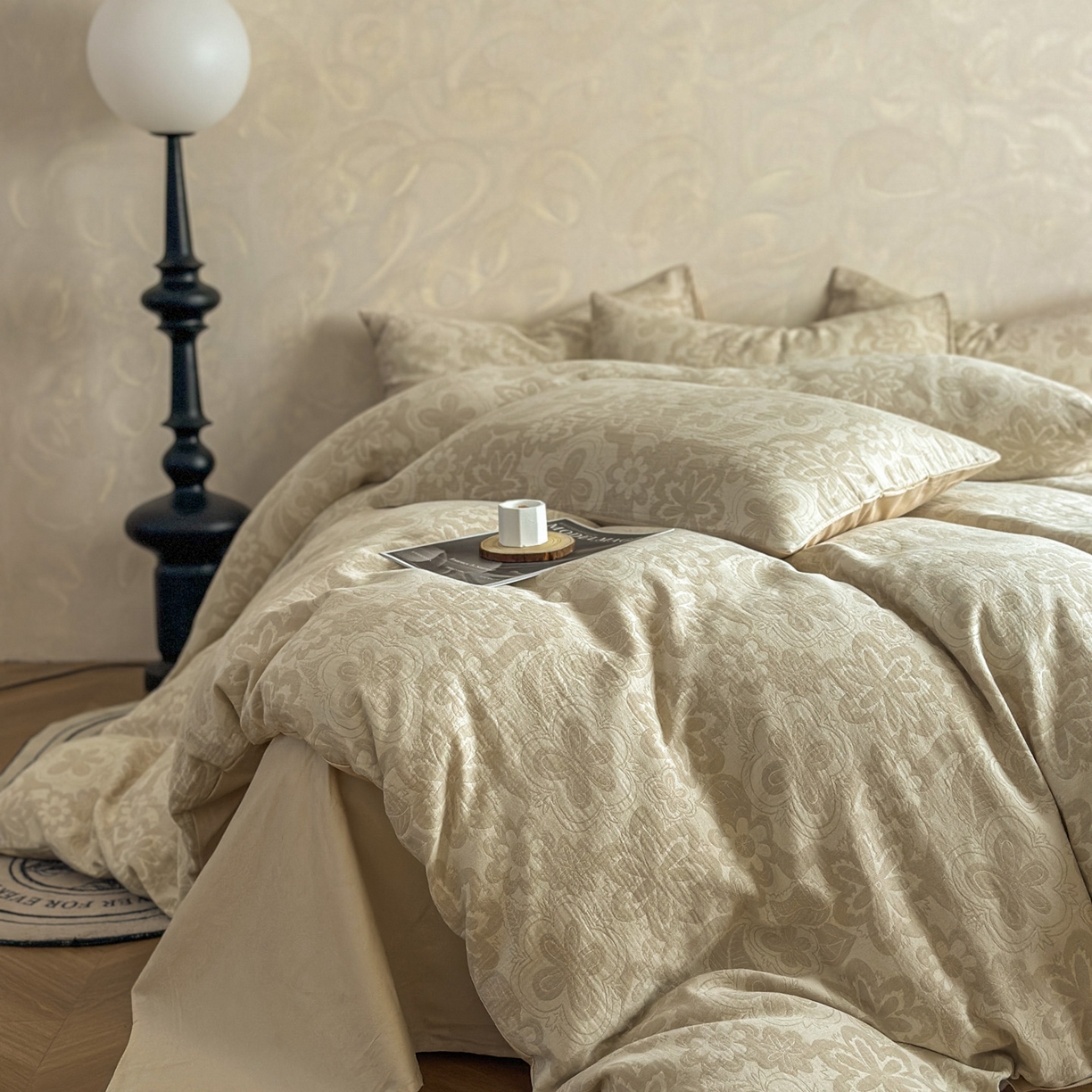 91家纺网 家纺一手货源 找家纺 田野 2026新款全棉水洗提花三层纱四件套 花语 米驼