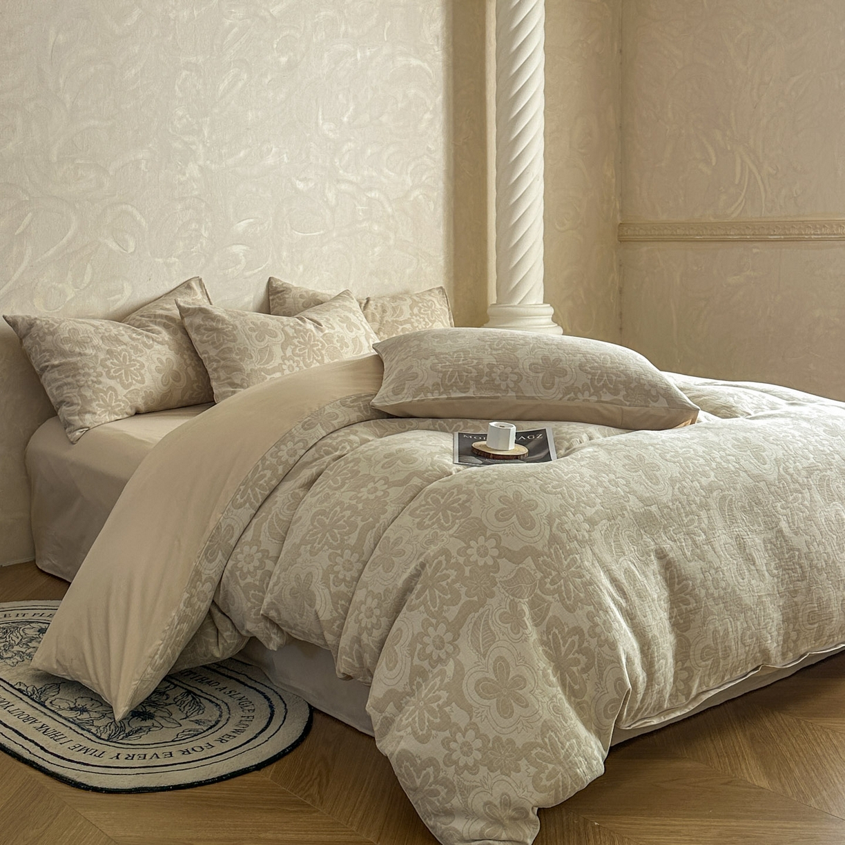 91家纺网 家纺一手货源 找家纺 田野 2026新款全棉水洗提花三层纱四件套 花语 米驼