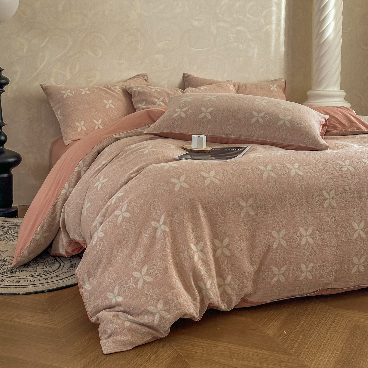 91家纺网 家纺一手货源 找家纺 田野 2026新款全棉水洗提花三层纱四件套 瑞恩 豆沙粉