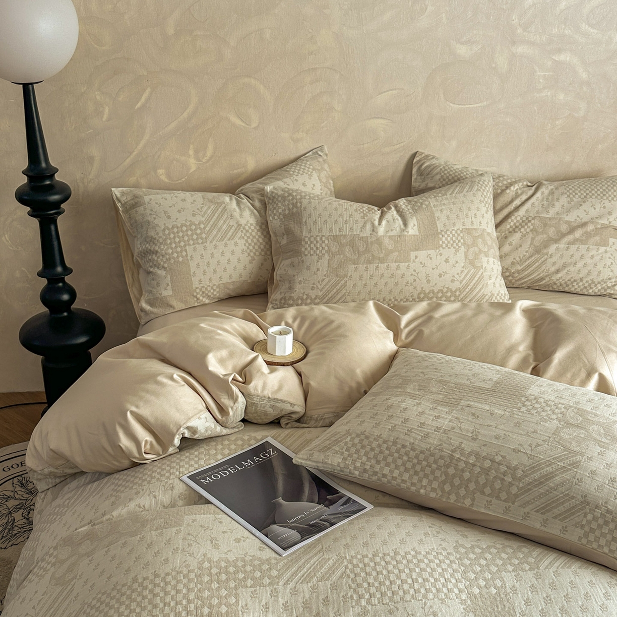 91家纺网 家纺一手货源 找家纺 田野 2026新款全棉水洗提花三层纱四件套 浮光 米驼