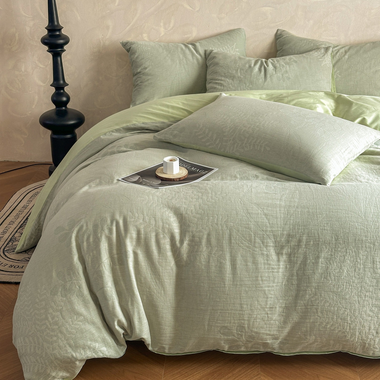 91家纺网 家纺一手货源 找家纺 田野 2026新款全棉水洗提花三层纱四件套 卡维  淡绿