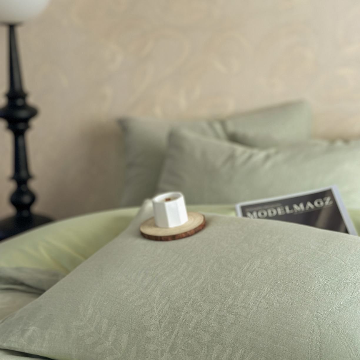 91家纺网 家纺一手货源 找家纺 田野 2026新款全棉水洗提花三层纱四件套 卡维  淡绿