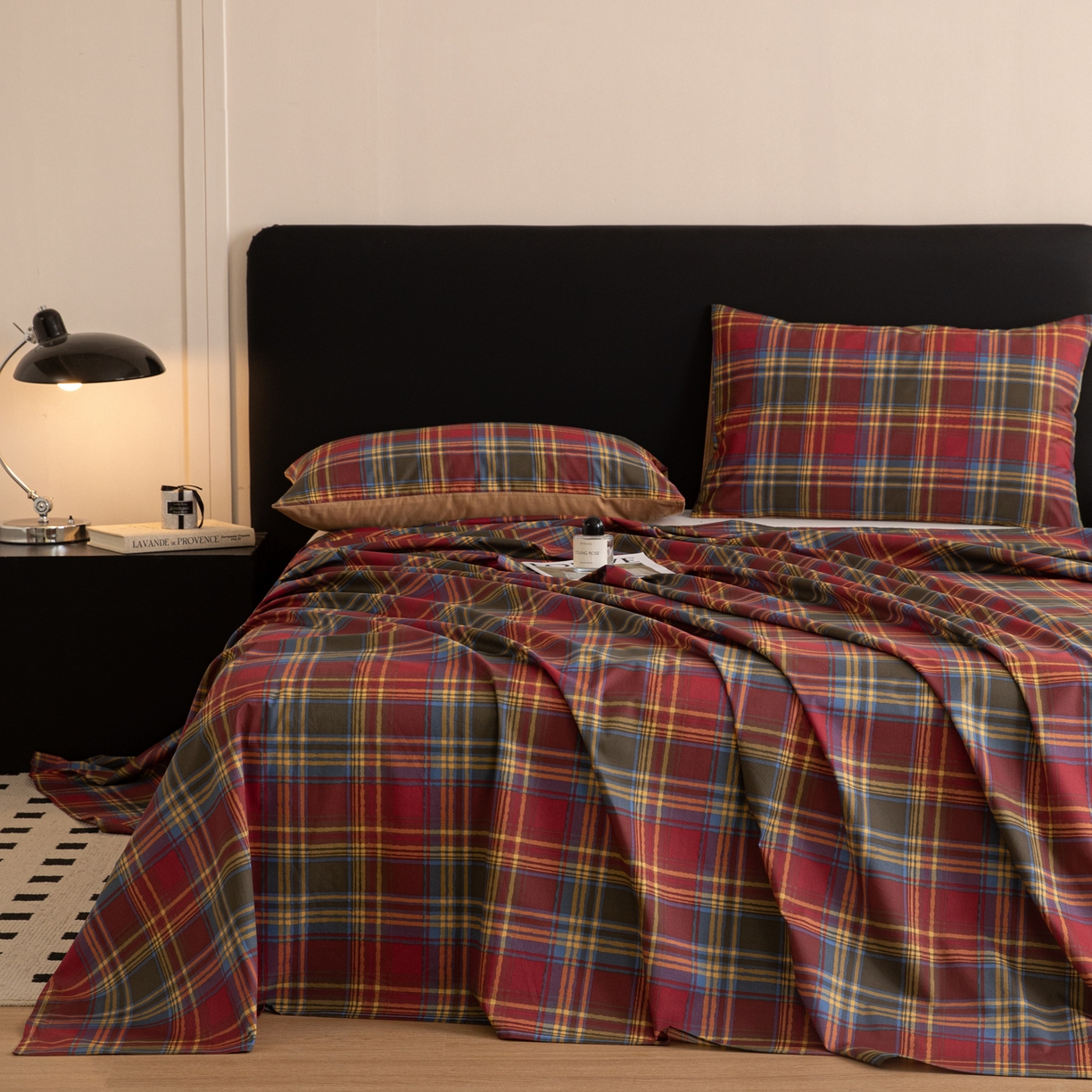 91家纺网 家纺一手货源 找家纺 女子家纺 2026新款40支13070全棉纯棉简约格子A版单床单床单单件 英伦-炽焰红