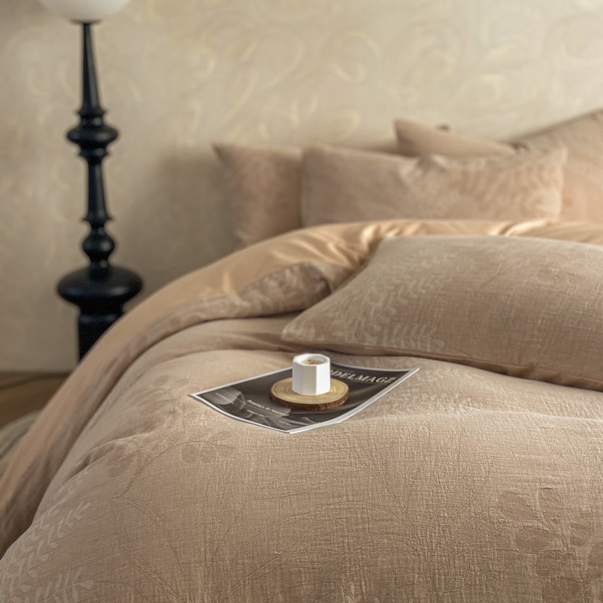 91家纺网 家纺一手货源 找家纺 田野 2026新款全棉水洗提花三层纱四件套 卡维  粉驼