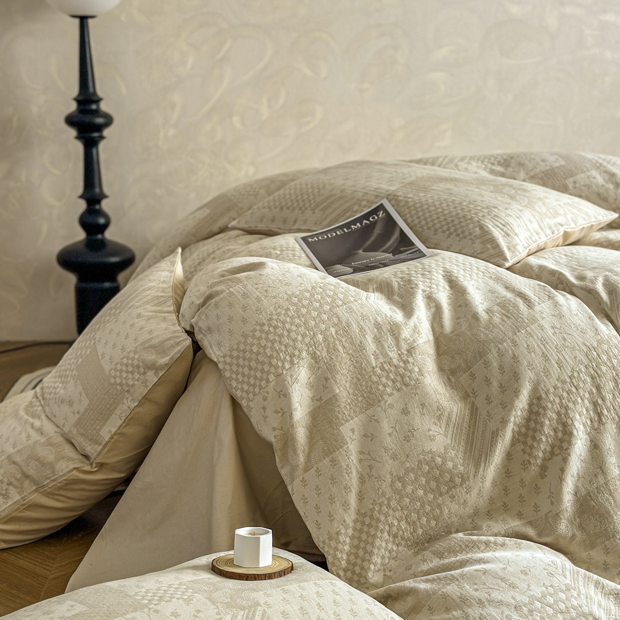 91家纺网 家纺一手货源 找家纺 田野 2026新款全棉水洗提花三层纱四件套 浮光 米驼