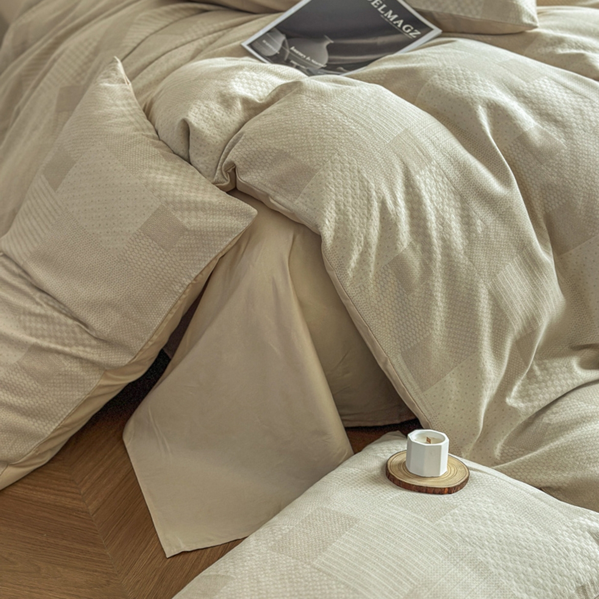 91家纺网 家纺一手货源 找家纺 田野 2026新款全棉水洗提花三层纱四件套 半糖主义 米驼