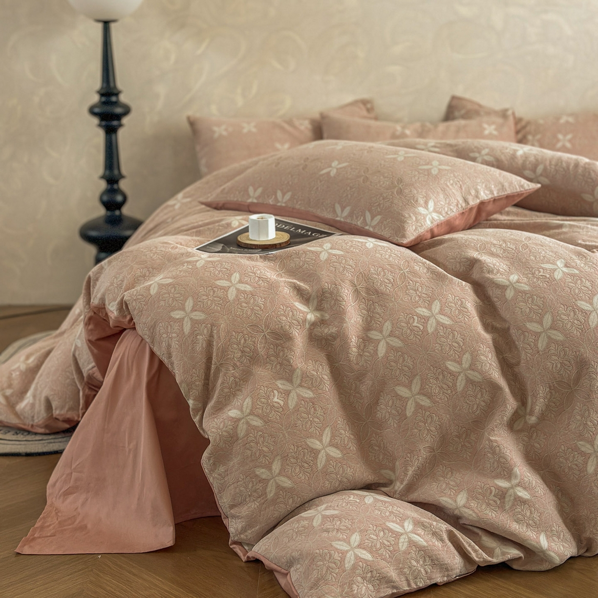 91家纺网 家纺一手货源 找家纺 田野 2026新款全棉水洗提花三层纱四件套 瑞恩 豆沙粉