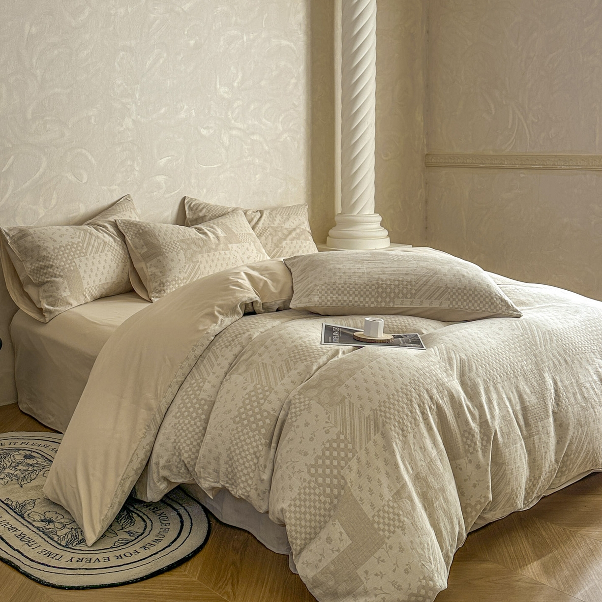 91家纺网 家纺一手货源 找家纺 田野 2026新款全棉水洗提花三层纱四件套 浮光 米驼