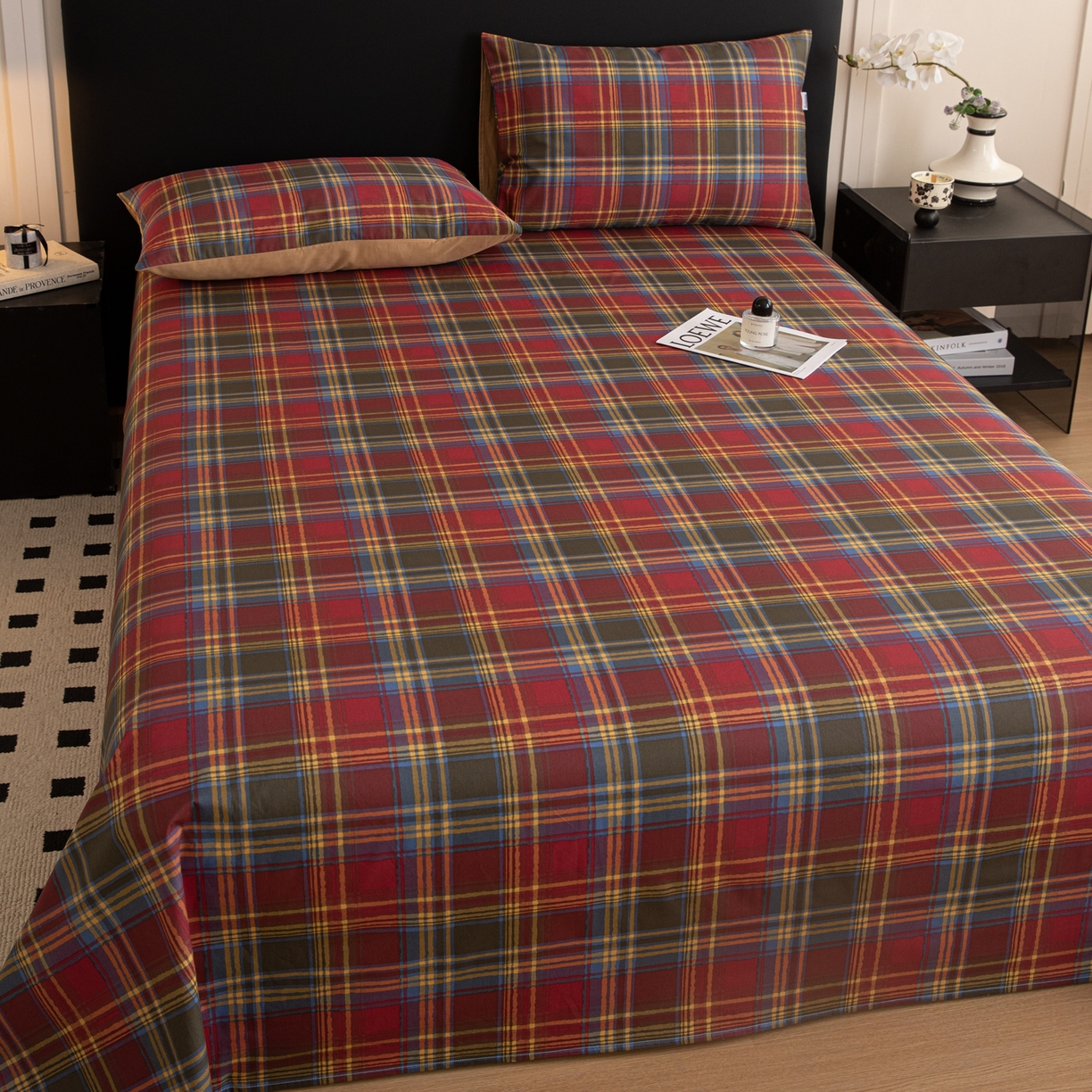 91家纺网 家纺一手货源 找家纺 女子家纺 2026新款40支13070全棉纯棉简约格子A版单床单床单单件 英伦-炽焰红