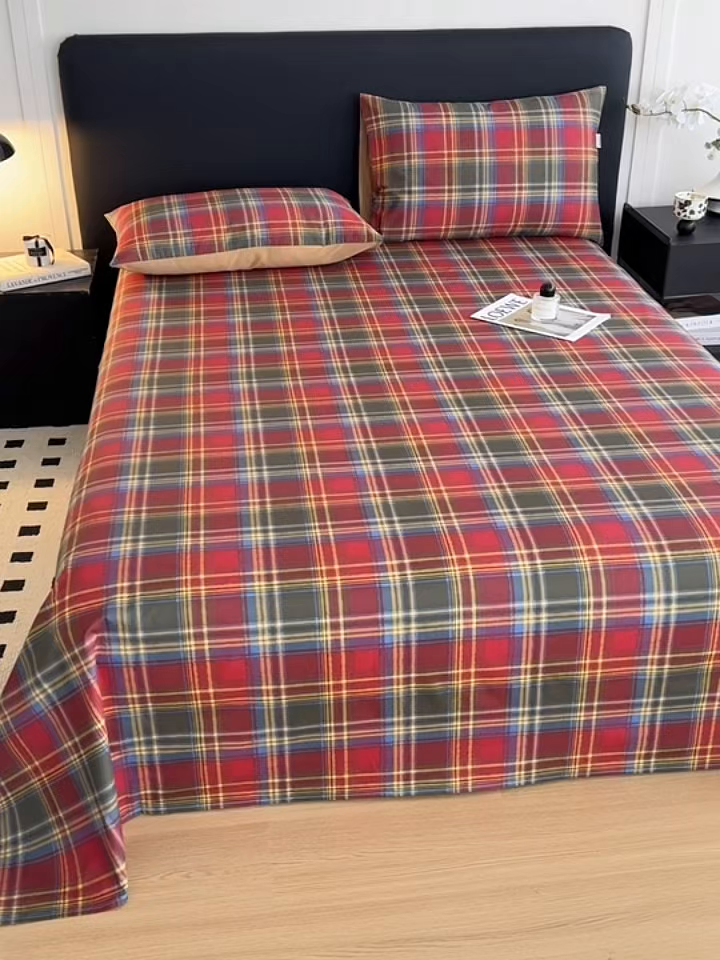 91家纺网 家纺一手货源 找家纺 女子家纺 2026新款40支13070全棉纯棉简约格子A版单床单床单单件 英伦-炽焰红