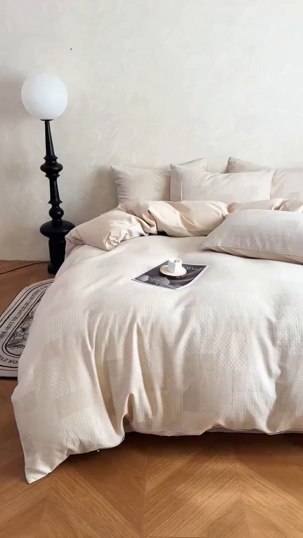 91家纺网 家纺一手货源 找家纺 田野 2026新款全棉水洗提花三层纱四件套 半糖主义 米驼