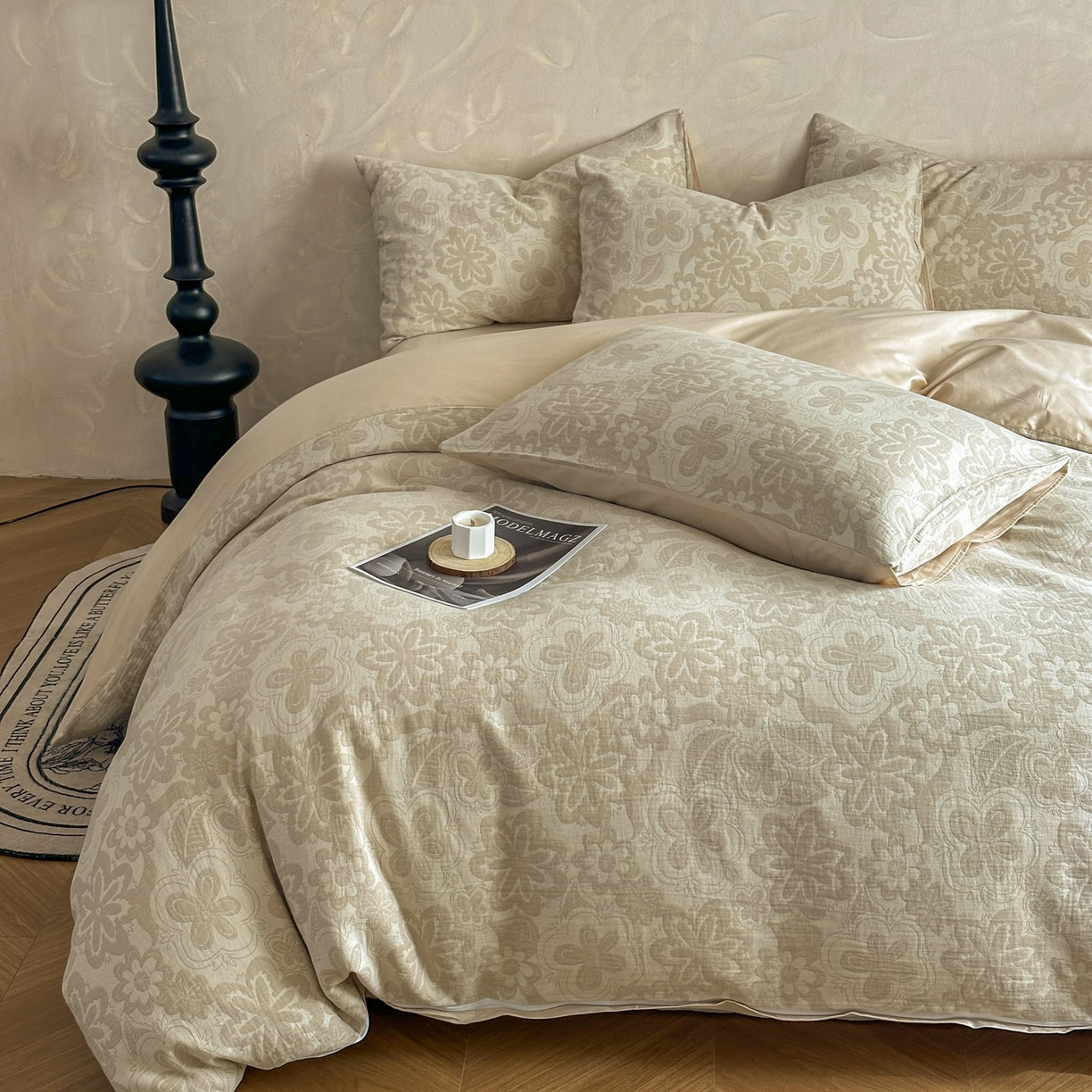 91家纺网 家纺一手货源 找家纺 田野 2026新款全棉水洗提花三层纱四件套 花语 米驼