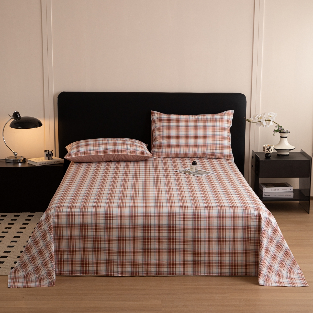 91家纺网 家纺一手货源 找家纺 女子家纺 2026新款40支13070全棉纯棉简约格子A版单床单床单单件 英伦-焦糖