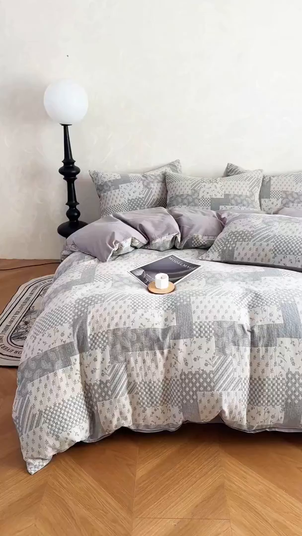 91家纺网 家纺一手货源 找家纺 田野 2026新款全棉水洗提花三层纱四件套 浮光 米驼