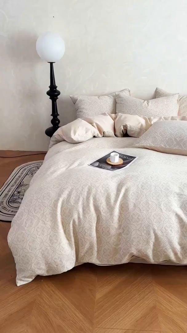 91家纺网 家纺一手货源 找家纺 田野 2026新款全棉水洗提花三层纱四件套 瑞恩 米驼