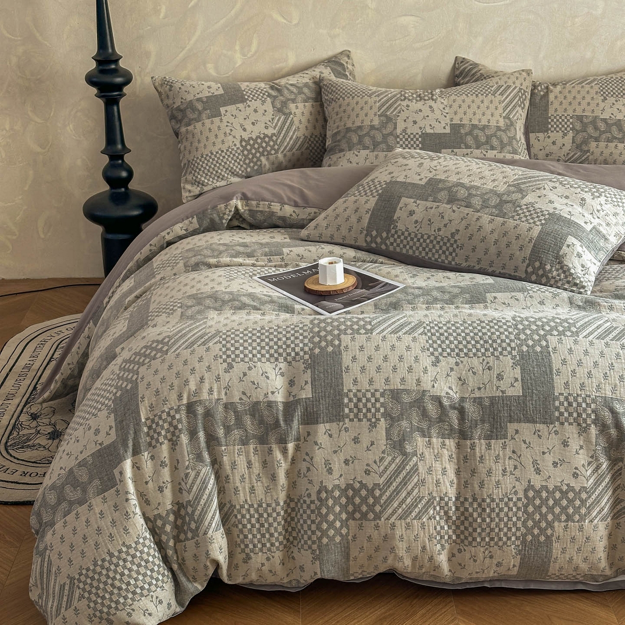 91家纺网 家纺一手货源 找家纺 田野 2026新款全棉水洗提花三层纱四件套 浮光 米灰