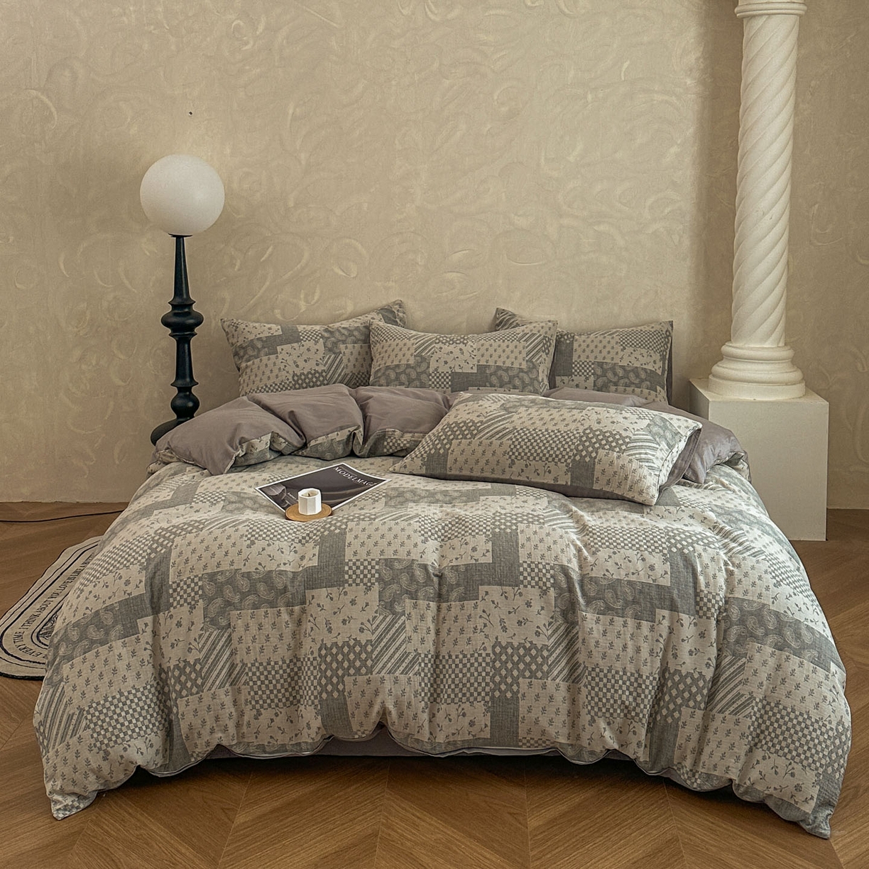 田野 2026新款全棉水洗提花三层纱四件套 浮光 米灰